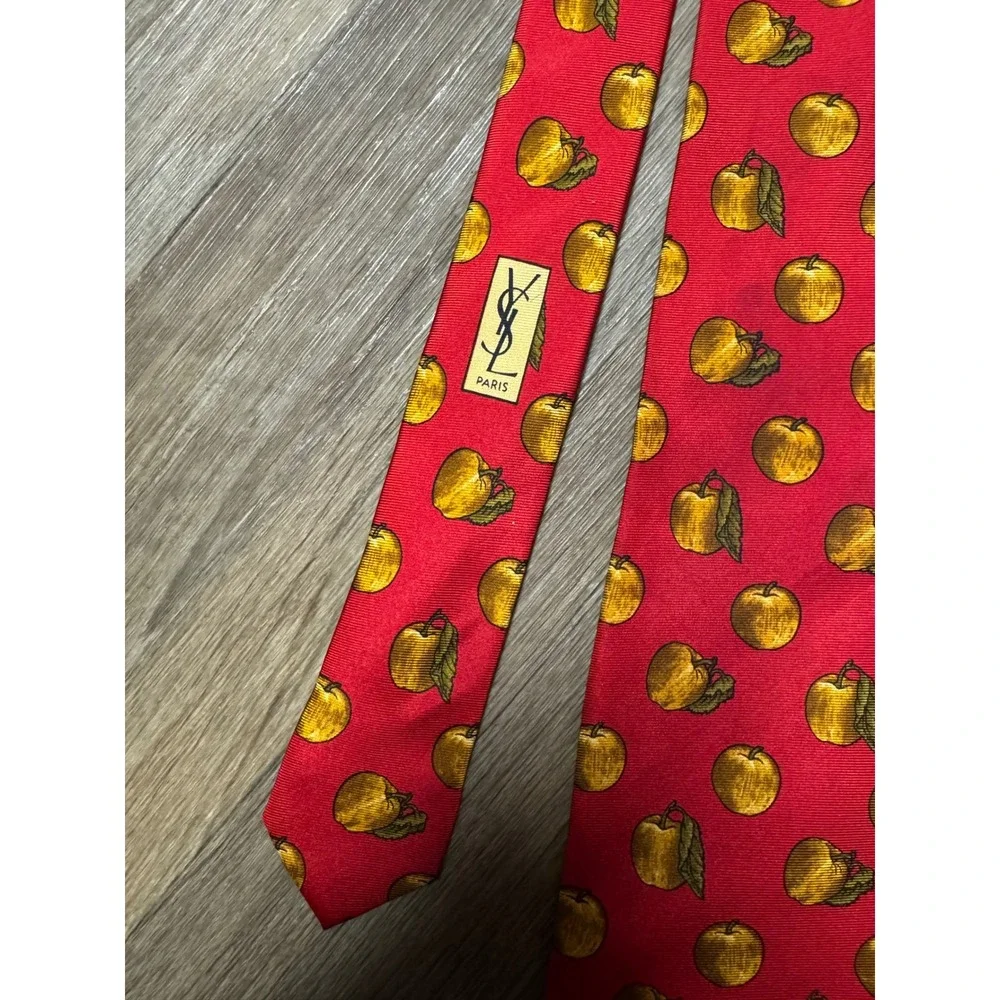 Yves Saint Laurent Red Silk Apple Print Tie Made in Italy YSL Vintage